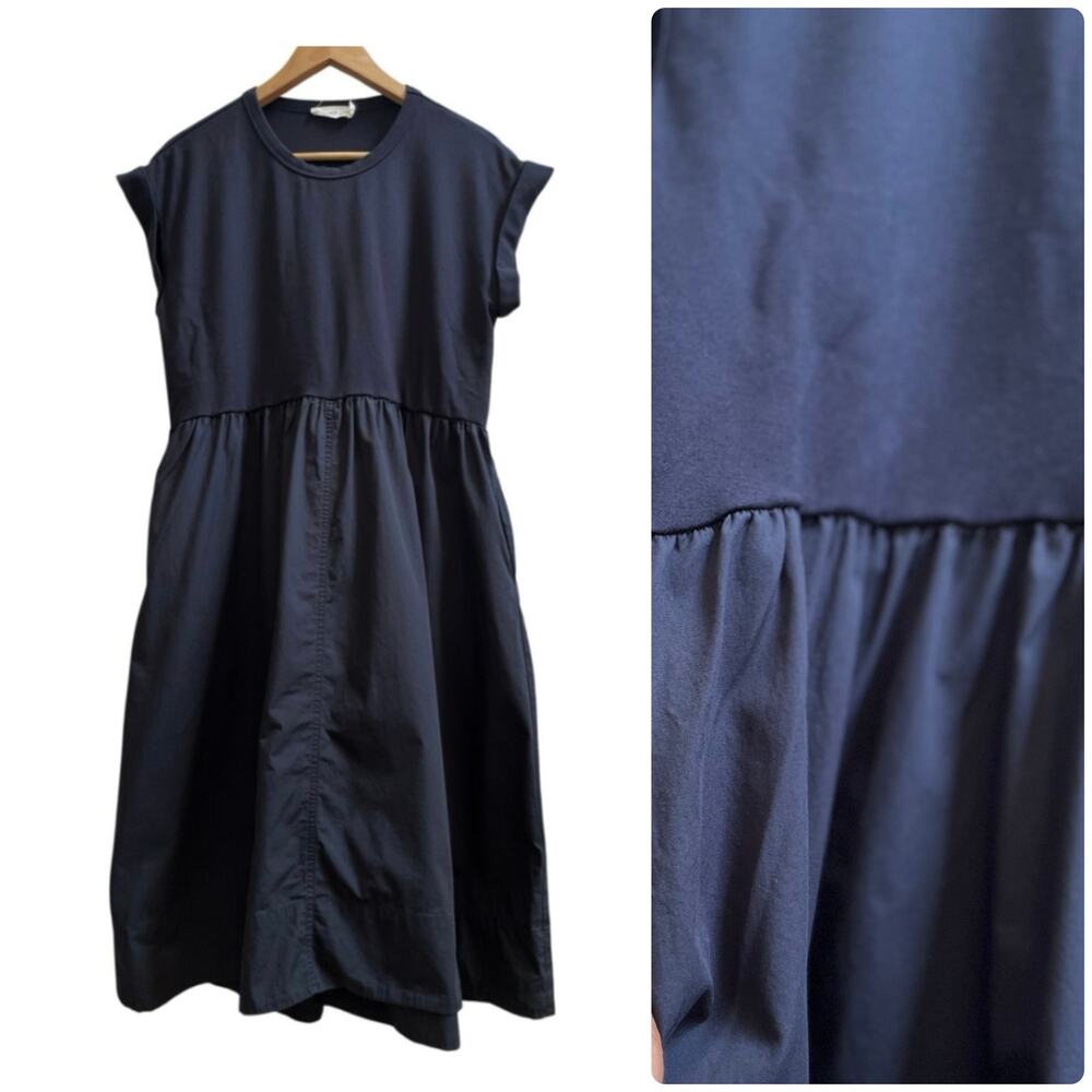 Maye the Greta Navy Blue Pocket Mixed Media Midi Dress Medium Modest Minimalist